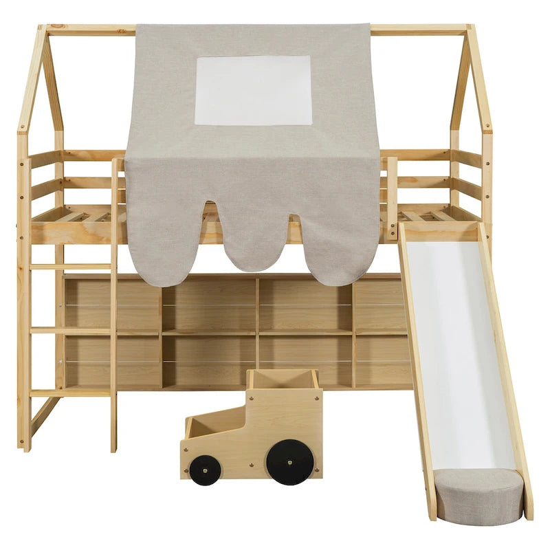 Letto a soppalco singolo con tenda da gioco e design a casetta, portata di 250lb, scivolo e scala