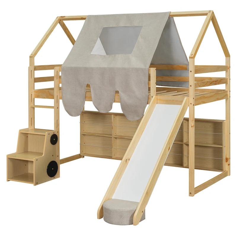 Letto a soppalco singolo con tenda da gioco e design a casetta, portata di 250lb, scivolo e scala