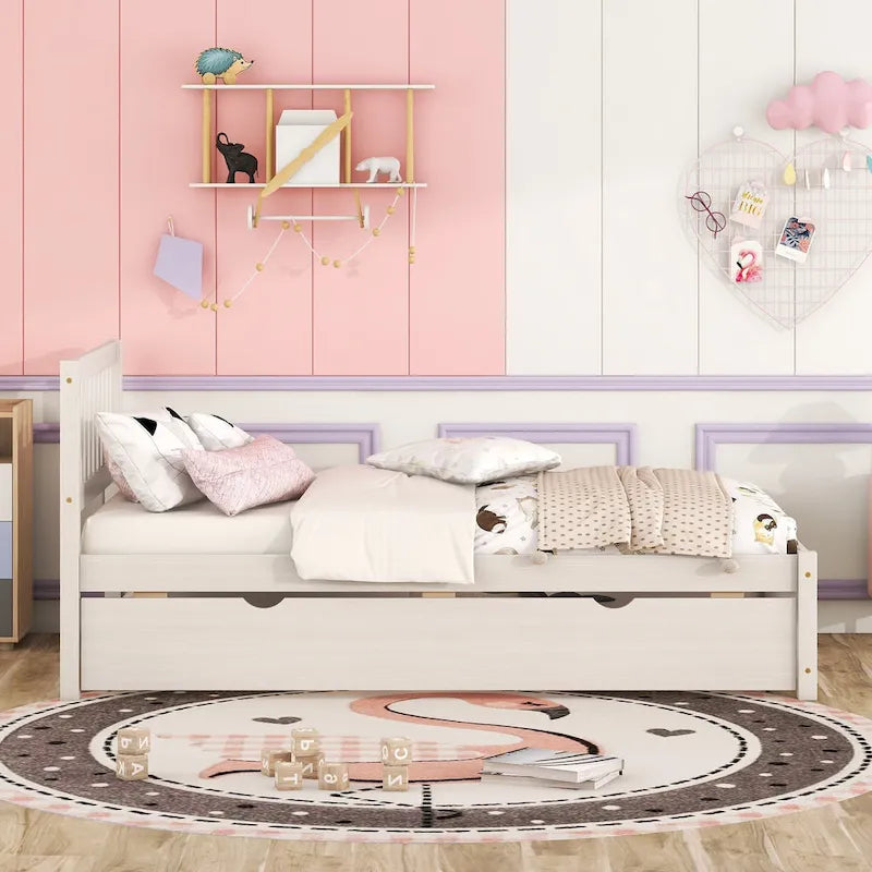 Weißes Plattformbett in Twin-Größe aus Walnussholz mit Ausziehbett und Schutzgitter-Kopfteil - modernes, platzsparendes Design