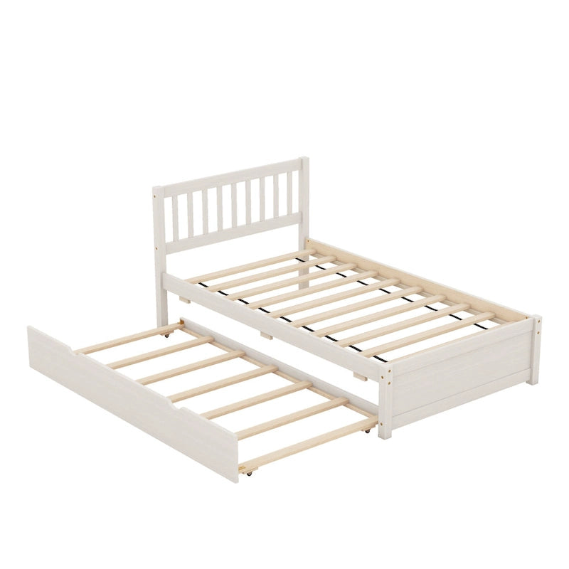 Weißes Plattformbett in Twin-Größe aus Walnussholz mit Ausziehbett und Schutzgitter-Kopfteil - modernes, platzsparendes Design