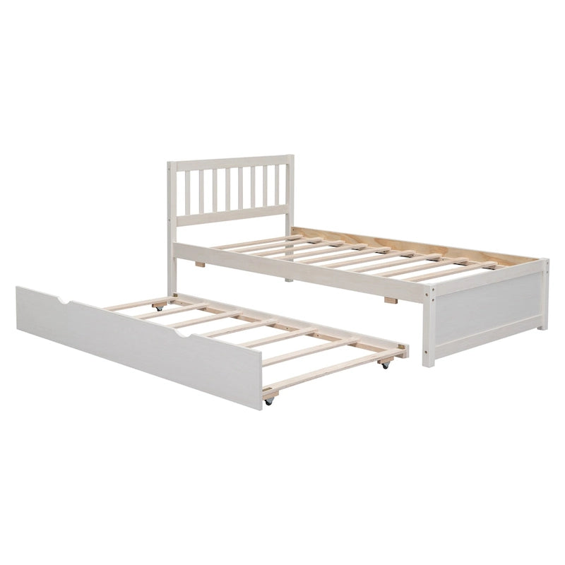 Weißes Plattformbett in Twin-Größe aus Walnussholz mit Ausziehbett und Schutzgitter-Kopfteil - modernes, platzsparendes Design