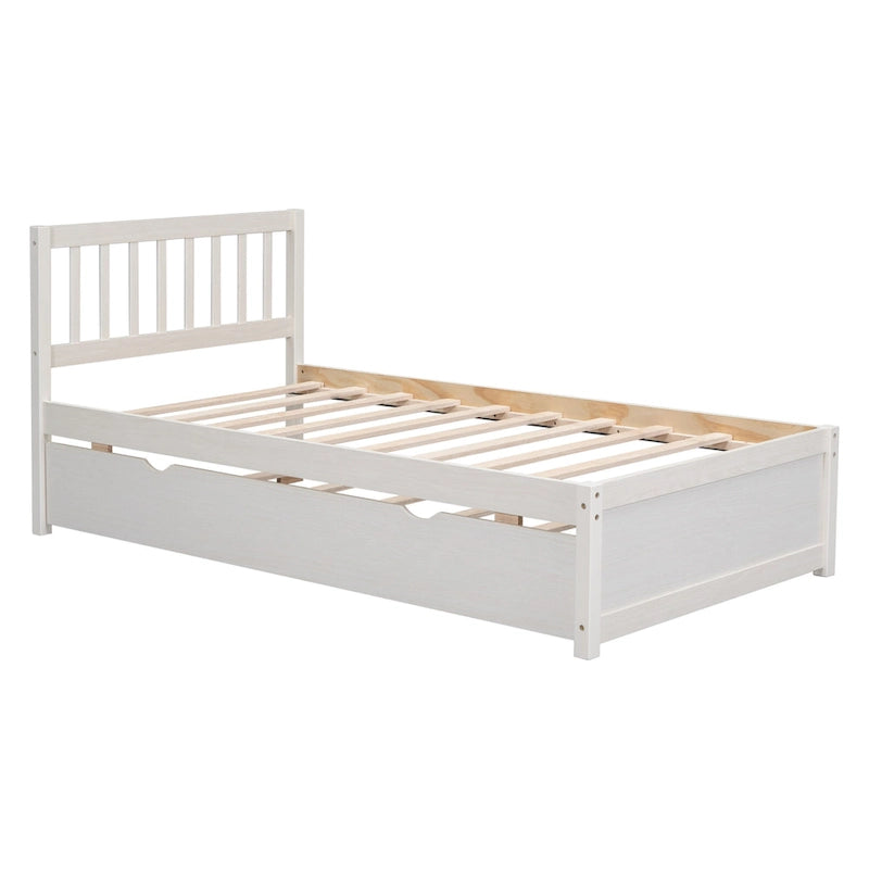 Weißes Plattformbett in Twin-Größe aus Walnussholz mit Ausziehbett und Schutzgitter-Kopfteil - modernes, platzsparendes Design