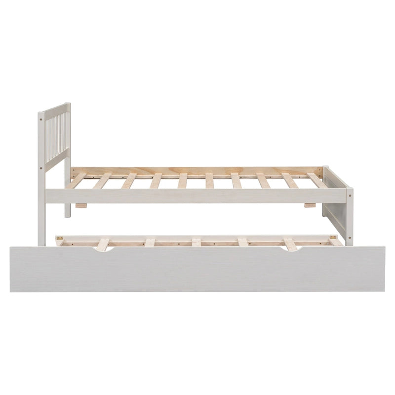 Lit plateforme blanc simple en noyer avec lit gigogne et tête de lit à barreaux - design moderne peu encombrant