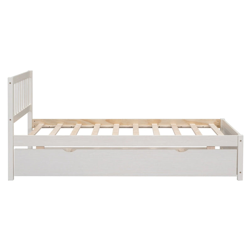 Lit plateforme blanc simple en noyer avec lit gigogne et tête de lit à barreaux - design moderne peu encombrant