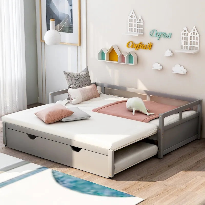 Letto da giorno singolo in pino grigio con letto estraibile