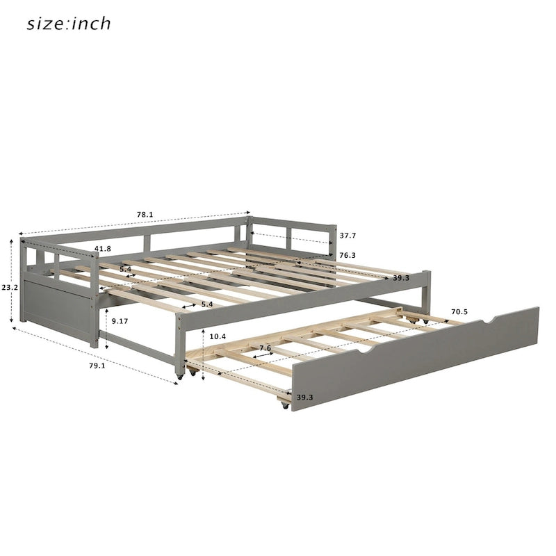 Letto da giorno singolo in pino grigio con letto estraibile