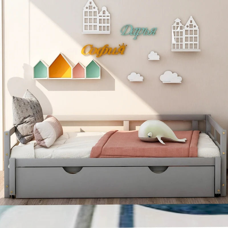 Letto da giorno singolo in pino grigio con letto estraibile