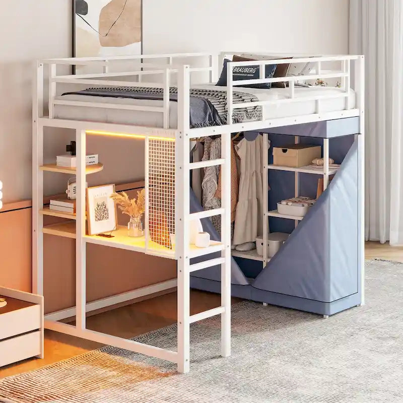 Letto a soppalco singolo in metallo con scrivania integrata, armadio e presa elettrica - portata di 350LB