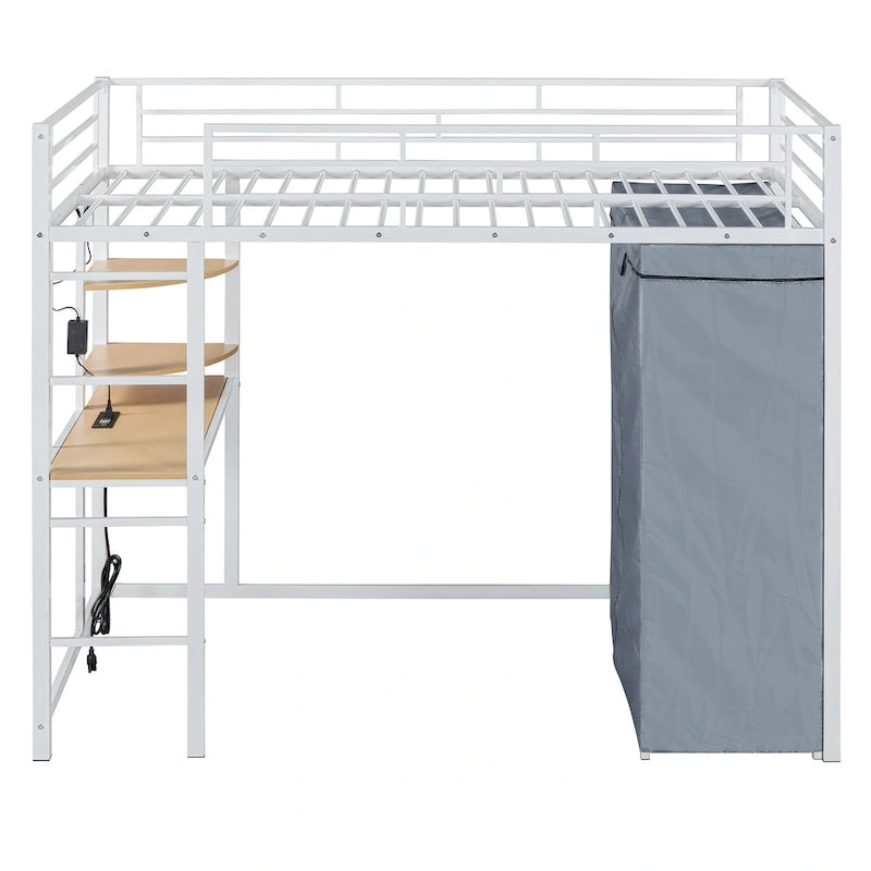 Twin Metal Loft Bed with Built-in Desk, Wardrobe & Power Outlet - 350LB Capacity