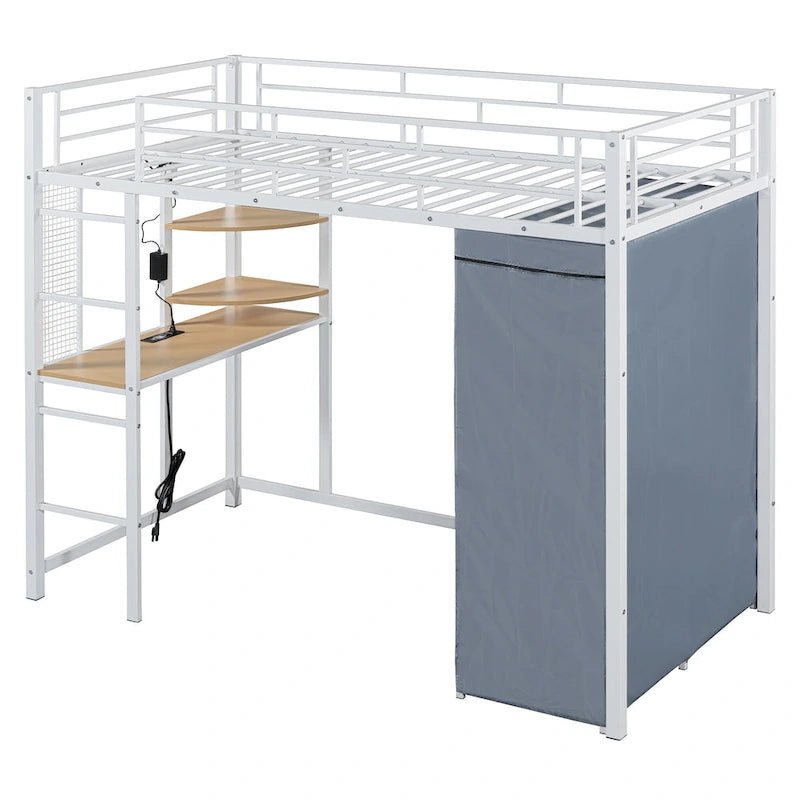 Letto a soppalco singolo in metallo con scrivania integrata, armadio e presa elettrica - portata di 350LB