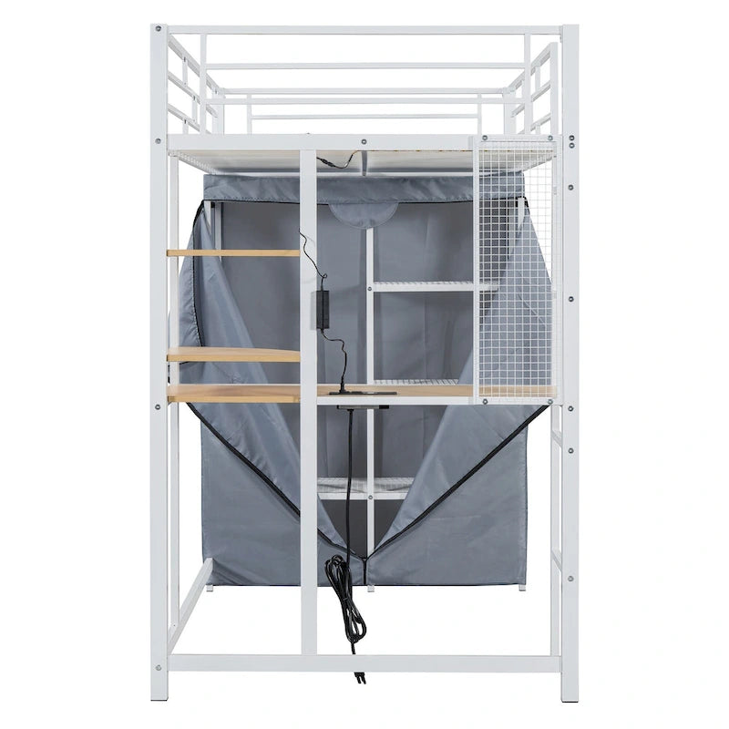 Twin-Metallhochbett mit integriertem Schreibtisch, Kleiderschrank und Steckdose - Belastbarkeit 350 LB