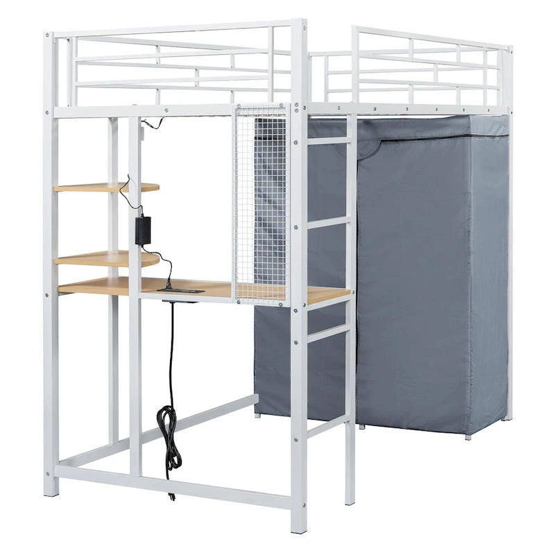Twin-Metallhochbett mit integriertem Schreibtisch, Kleiderschrank und Steckdose - Belastbarkeit 350 LB