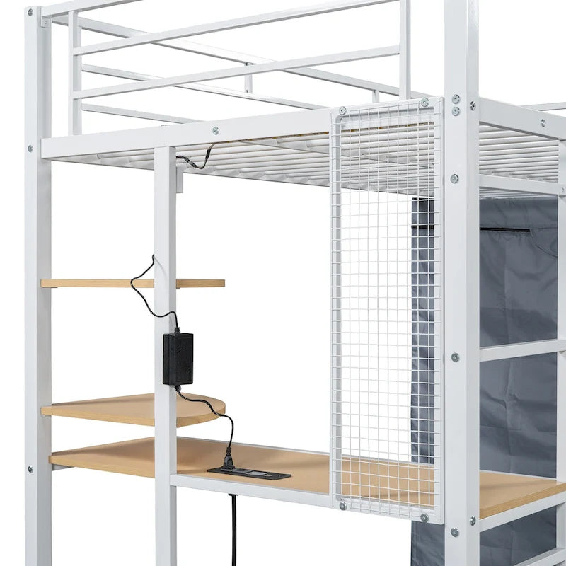 Twin-Metallhochbett mit integriertem Schreibtisch, Kleiderschrank und Steckdose - Belastbarkeit 350 LB
