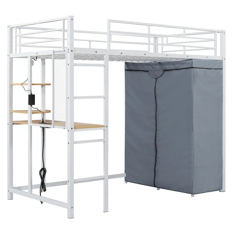 Twin-Metallhochbett mit integriertem Schreibtisch, Kleiderschrank und Steckdose - Belastbarkeit 350 LB