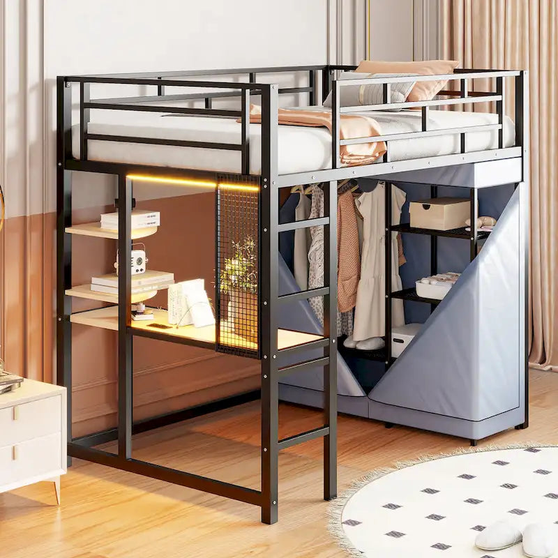 Twin-Metallhochbett mit integriertem Schreibtisch, Kleiderschrank und Steckdose - Belastbarkeit 350 LB