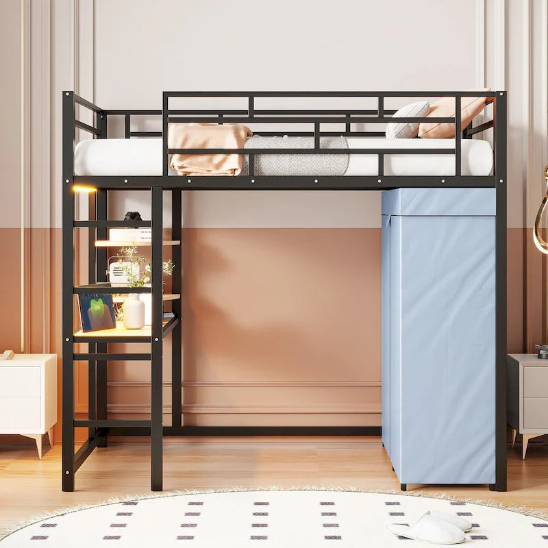 Twin-Metallhochbett mit integriertem Schreibtisch, Kleiderschrank und Steckdose - Belastbarkeit 350 LB