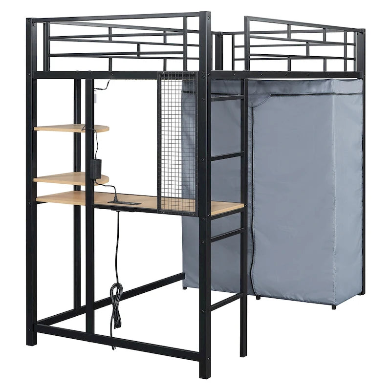 Twin-Metallhochbett mit integriertem Schreibtisch, Kleiderschrank und Steckdose - Belastbarkeit 350 LB