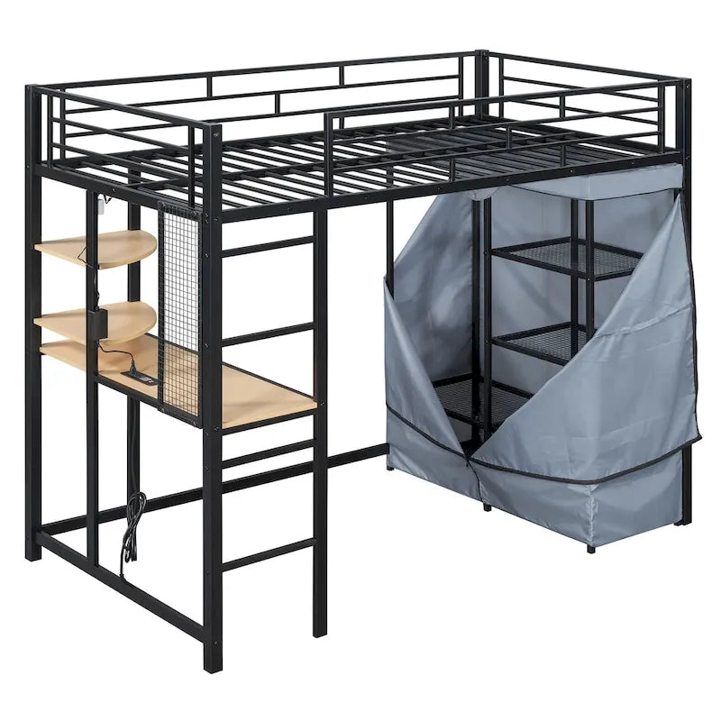 Twin-Metallhochbett mit integriertem Schreibtisch, Kleiderschrank und Steckdose - Belastbarkeit 350 LB