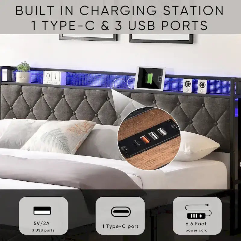 Letto a piattaforma king size imbottito grigio con testiera a LED e stazione di ricarica