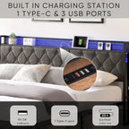 Letto a piattaforma king size imbottito grigio con testiera a LED e stazione di ricarica