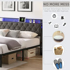 Letto a piattaforma king size imbottito grigio con testiera a LED e stazione di ricarica