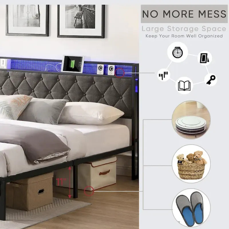 Letto a piattaforma king size imbottito grigio con testiera a LED e stazione di ricarica