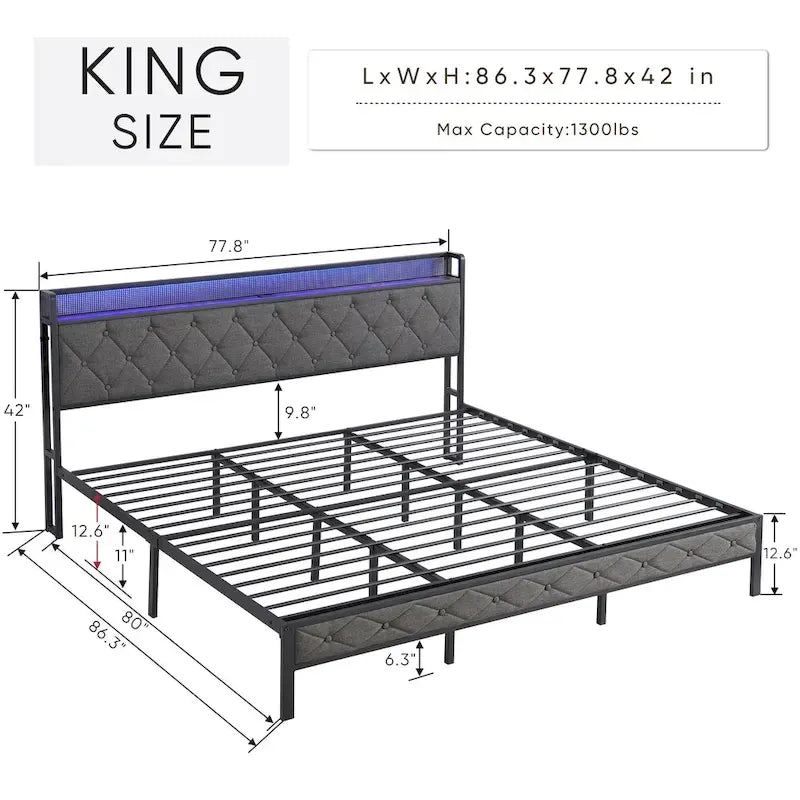 Letto a piattaforma king size imbottito grigio con testiera a LED e stazione di ricarica