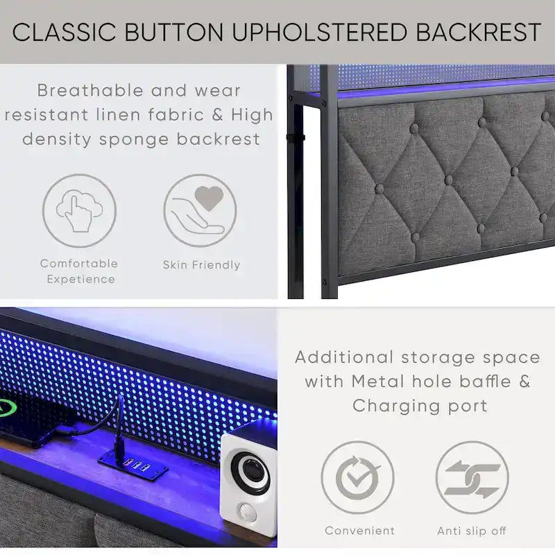 Letto a piattaforma king size imbottito grigio con testiera a LED e stazione di ricarica