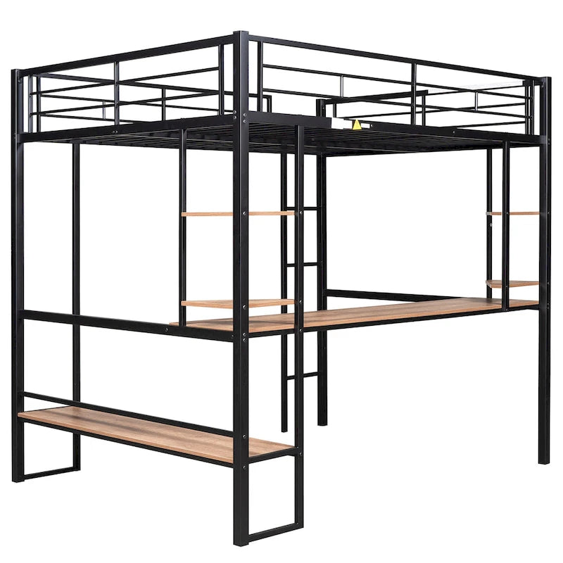 Full Size Metal Loft Bed with Long Desk and Shelves for Kids, Boys and Girls