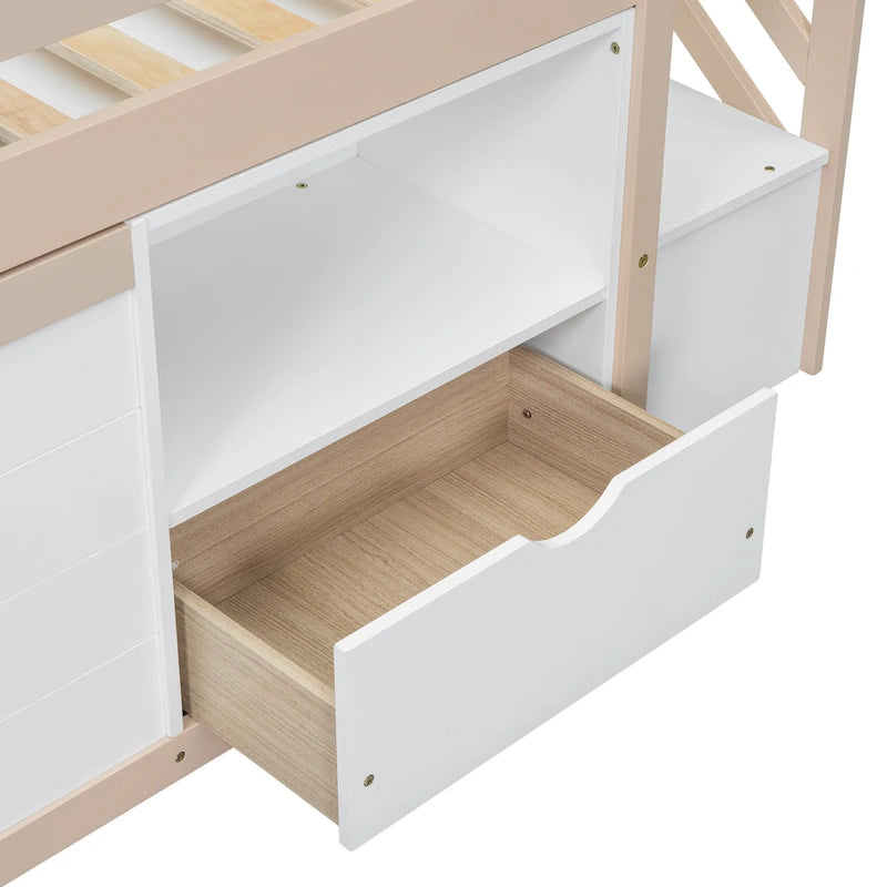 Letto a soppalco basso singolo in legno massello con scala, cassetto e ripiano per la camera da letto