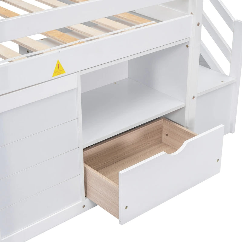 Letto a soppalco basso singolo in legno massello con scala, cassetto e ripiano per la camera da letto