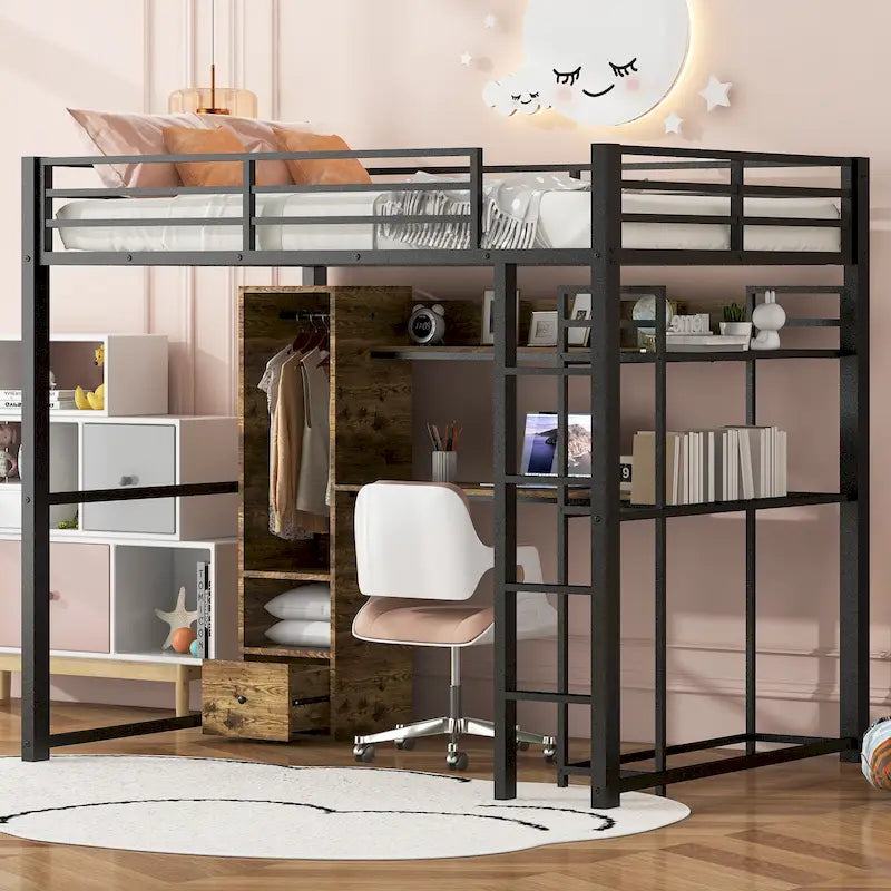 Letto a soppalco in metallo matrimoniale con armadio integrato, cassetto, scrivania e mensole