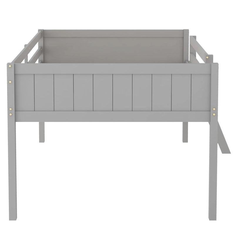 Letto a soppalco basso in legno massello grigio matrimoniale con scala e barriera di protezione, con doghe in legno di supporto per la camera da letto