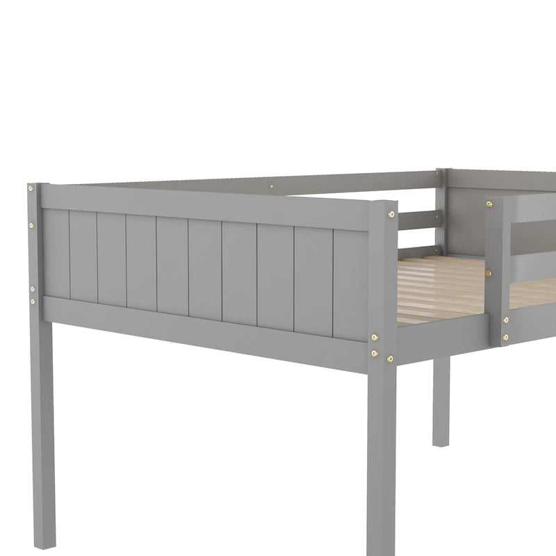 Letto a soppalco basso in legno massello grigio matrimoniale con scala e barriera di protezione, con doghe in legno di supporto per la camera da letto