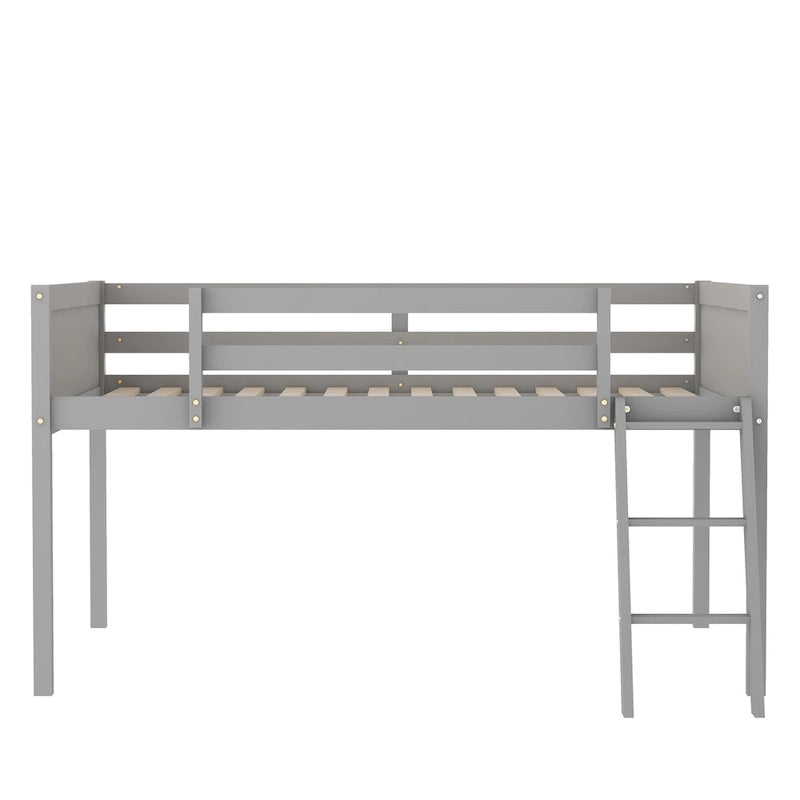 Letto a soppalco basso in legno massello grigio matrimoniale con scala e barriera di protezione, con doghe in legno di supporto per la camera da letto