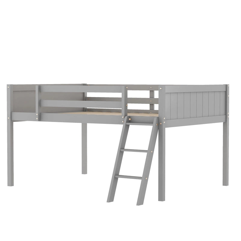 Letto a soppalco basso in legno massello grigio matrimoniale con scala e barriera di protezione, con doghe in legno di supporto per la camera da letto