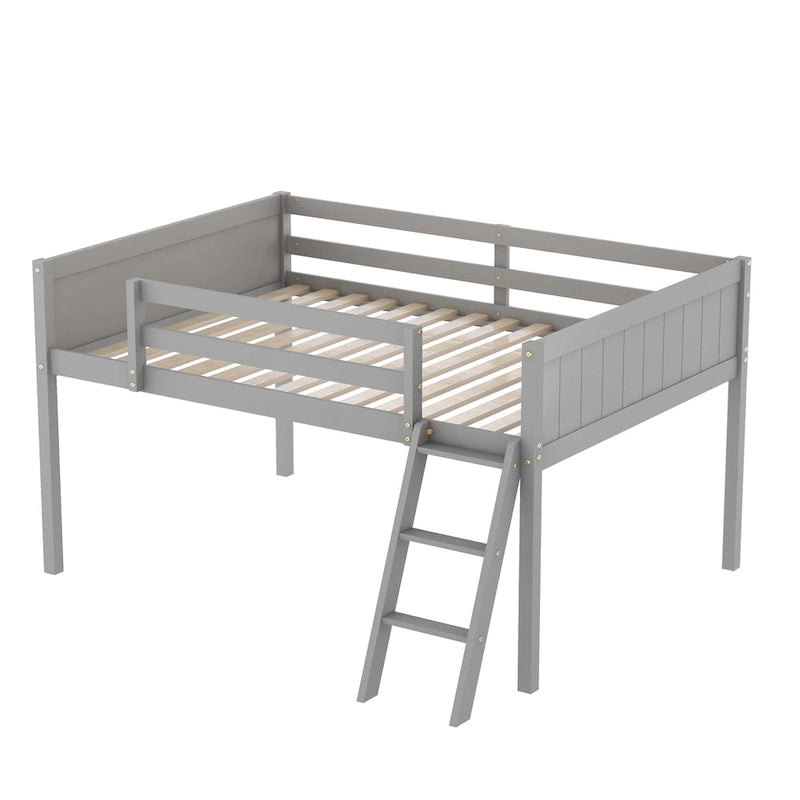 Letto a soppalco basso in legno massello grigio matrimoniale con scala e barriera di protezione, con doghe in legno di supporto per la camera da letto