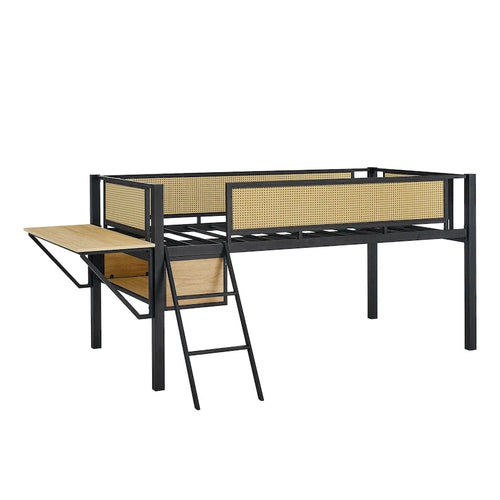 Letto a soppalco in metallo nero e legno naturale singolo con scrivania rettangolare e contenitore
