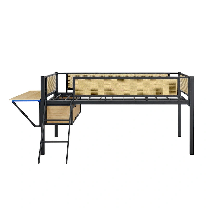 Letto a soppalco in metallo nero e legno naturale singolo con scrivania rettangolare e contenitore