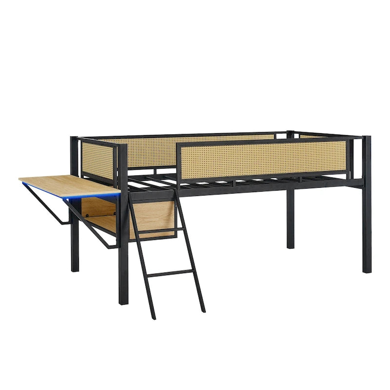 Letto a soppalco in metallo nero e legno naturale singolo con scrivania rettangolare e contenitore