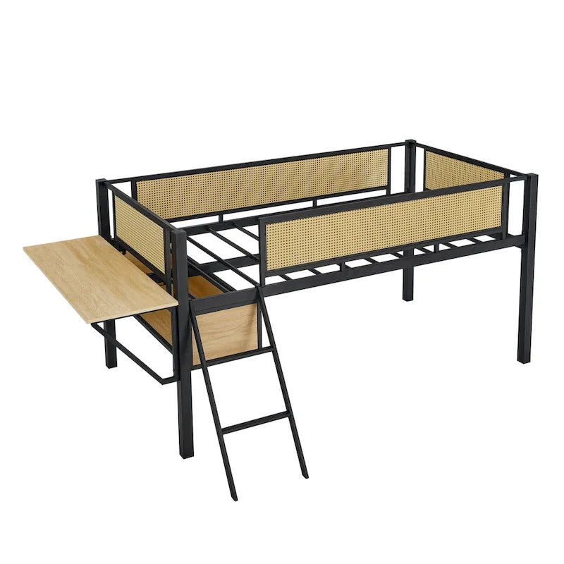 Letto a soppalco in metallo nero e legno naturale singolo con scrivania rettangolare e contenitore