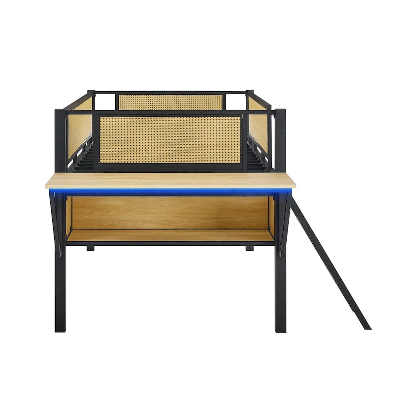 Letto a soppalco in metallo nero e legno naturale singolo con scrivania rettangolare e contenitore
