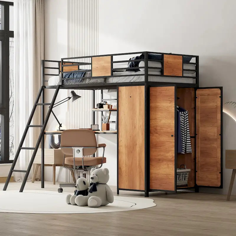 Letto a soppalco in metallo e legno nero singolo con scrivania a L e armadio