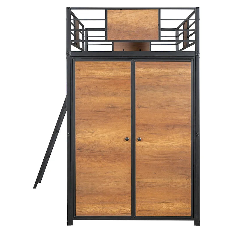 Letto a soppalco in metallo e legno nero singolo con scrivania a L e armadio