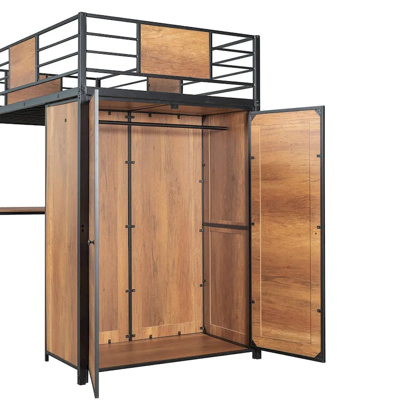 Letto a soppalco in metallo e legno nero singolo con scrivania a L e armadio