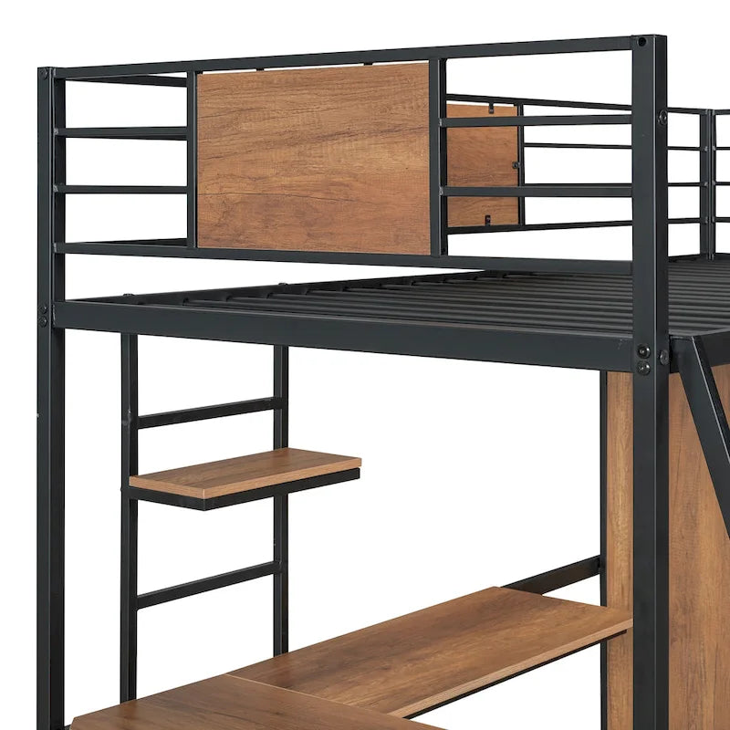 Letto a soppalco in metallo e legno nero singolo con scrivania a L e armadio