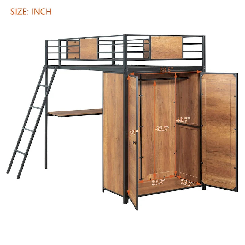 Letto a soppalco in metallo e legno nero singolo con scrivania a L e armadio