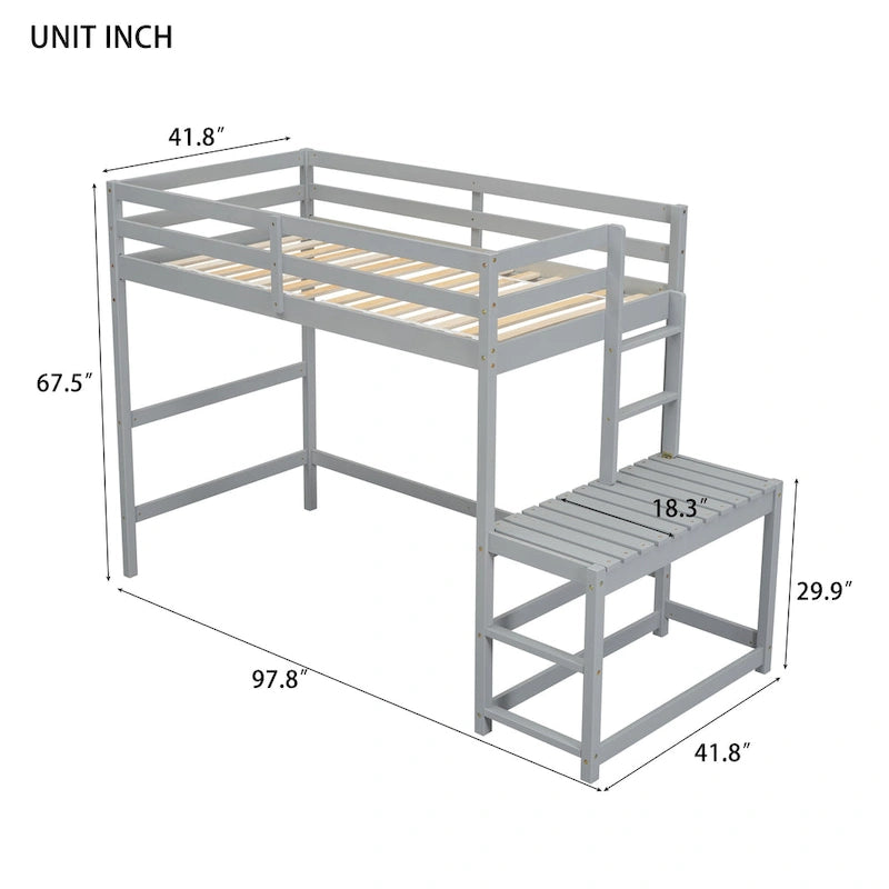 Letto a soppalco alto singolo in legno di pino grigio con piattaforma di arrivo della scala, scale e sponde di sicurezza