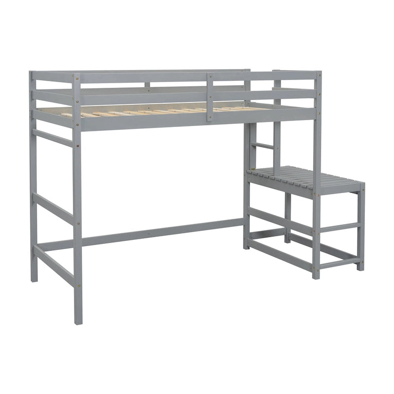 Letto a soppalco alto singolo in legno di pino grigio con piattaforma di arrivo della scala, scale e sponde di sicurezza