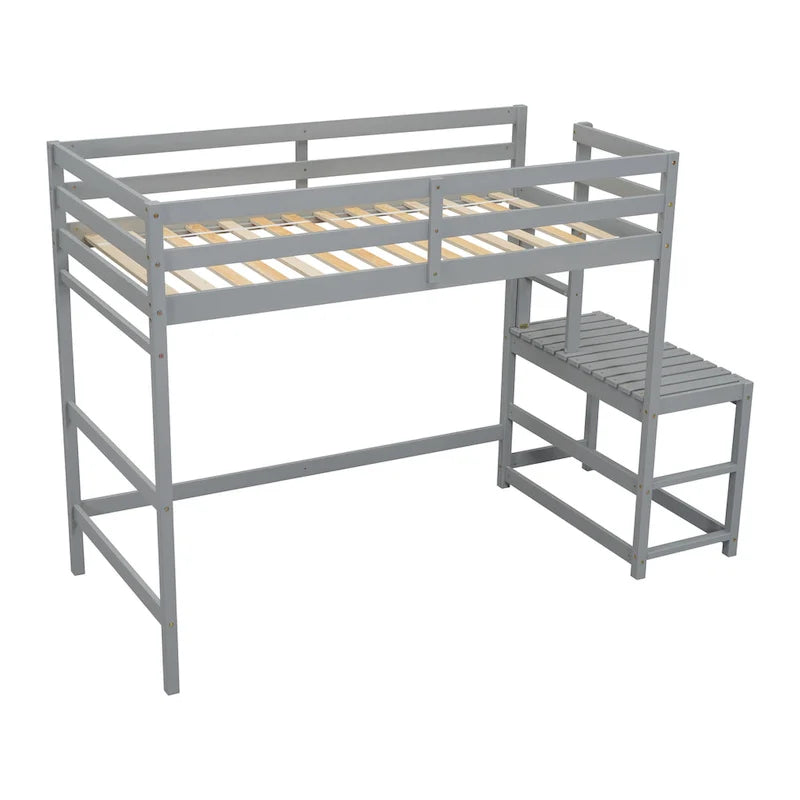 Letto a soppalco alto singolo in legno di pino grigio con piattaforma di arrivo della scala, scale e sponde di sicurezza